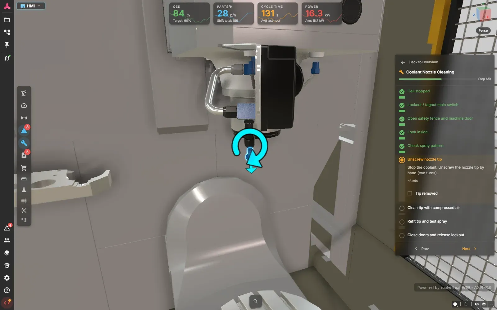 Step 6, Unscrew nozzle tip: a turning arrow and an out arrow at the nozzle tip below the black elbow, and the Tip removed checkbox in the guide panel