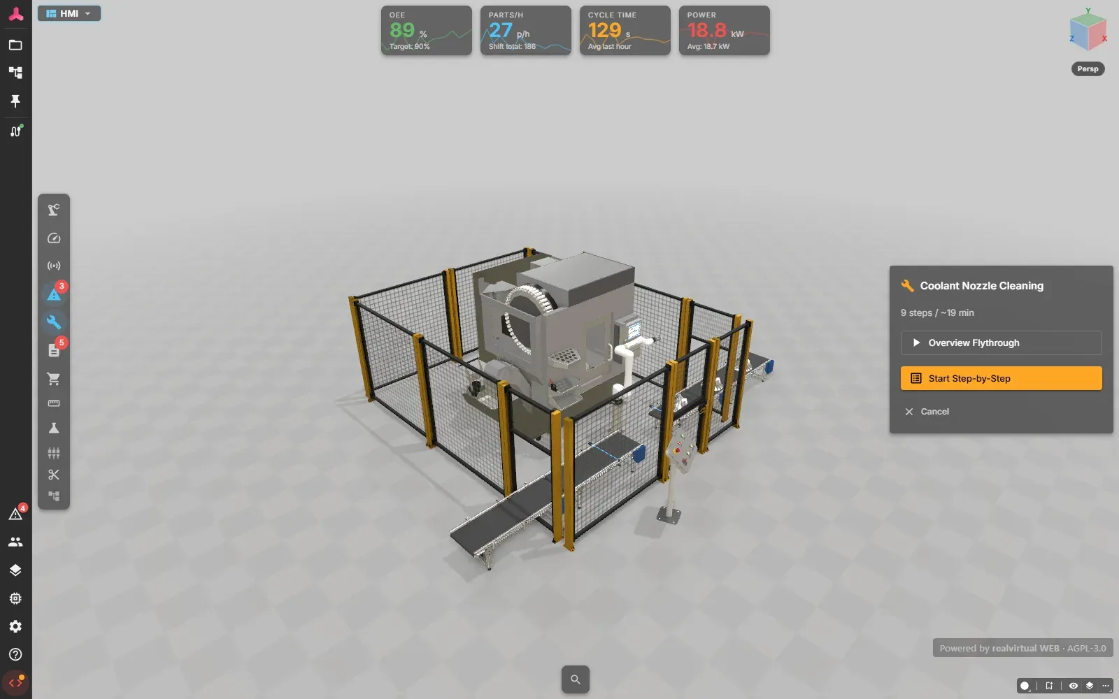 The demo cell with the Coolant Nozzle Cleaning start screen on the right: 9 steps, about 19 minutes, with the buttons Overview Flythrough, Start Step-by-Step and Cancel