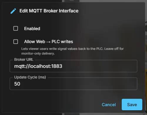 The interface dialog of an MQTT broker connection: enable, write gate, broker URL and update cycle