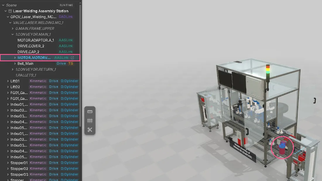 A gear motor of the Laser Welding Assembly Station selected in 3D: the part is highlighted in blue, and the hierarchy on the left has expanded to the same node, MOTOR.MOTORVARIO, and highlighted it