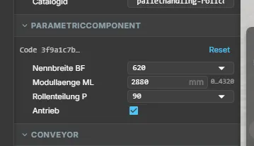 The Inspector of a placed conveyor family: the ParametricComponent section with the code fingerprint, Reset, and the parameters nominal width BF, module length ML in mm with its range, roller pitch P and a drive checkbox