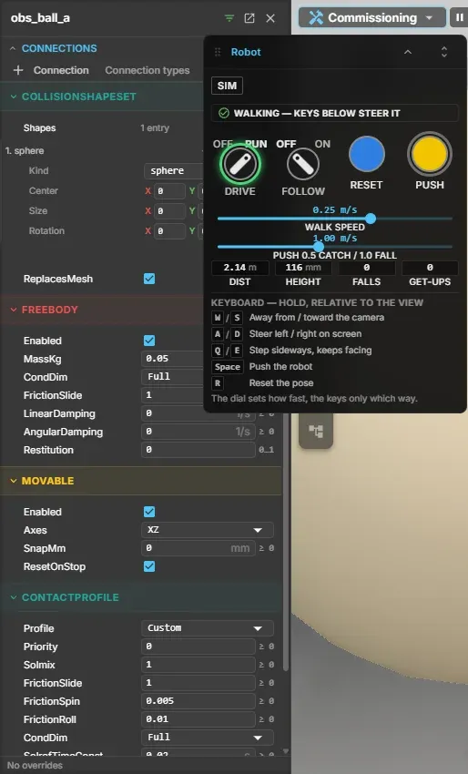 The Property Inspector for an obstacle ball: collision shape, free body mass and friction, movable axes and contact profile, next to the Robot operator panel