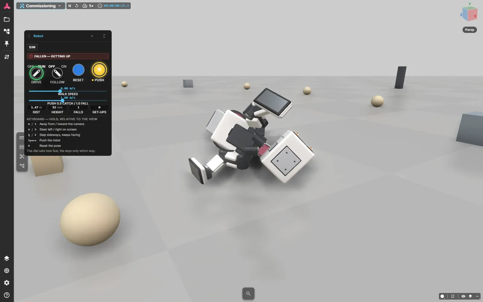 The walking robot lying on its side on the ground after a push, with the operator panel showing Fallen, getting up