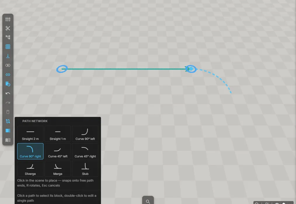 The Path network panel with its catalog; a curve follows the mouse as a dashed preview and snaps onto the free end of a straight