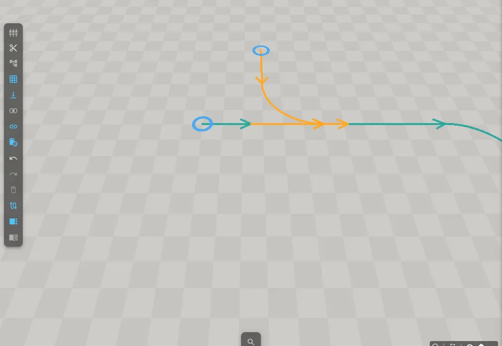 The finished network: blue rings mark the open start and the open end of the curve