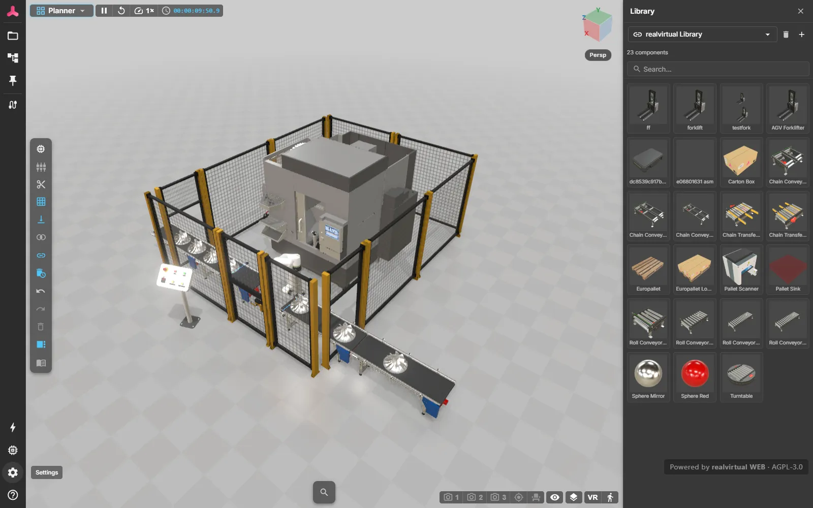 Planner mode: the component library on the right, the planning tools beside the 3D view, and the run controls along the top