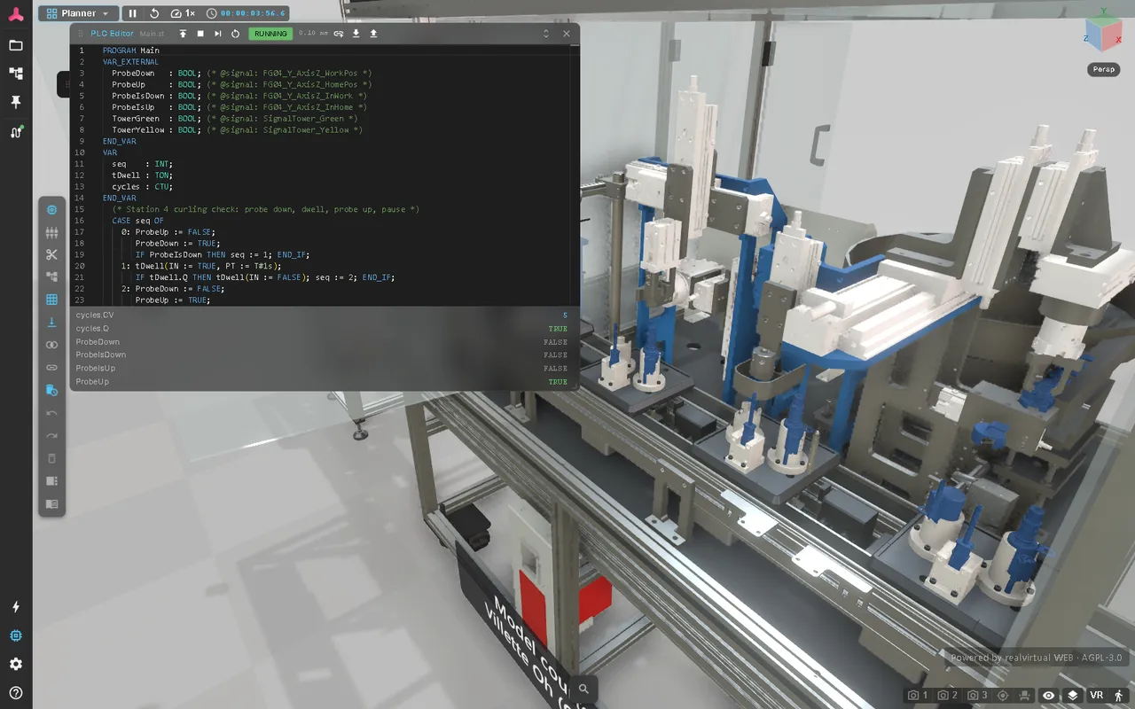 The PLC editor in the Laser Welding Assembly Station: an ST program for the curling check of station 4 is running, the watch list below the code shows the cycle counter and the probe signals, and the probe block in the 3D view is lowered