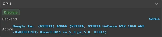 The GPU section in Settings → Dev Tools: a green Discrete pill, the backend WebGL and the active adapter, an NVIDIA GeForce GTX 1060 through ANGLE and Direct3D 11