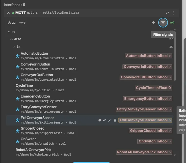 Live signals in the CONNECT panel — grouped by topic, with the current value on each chip