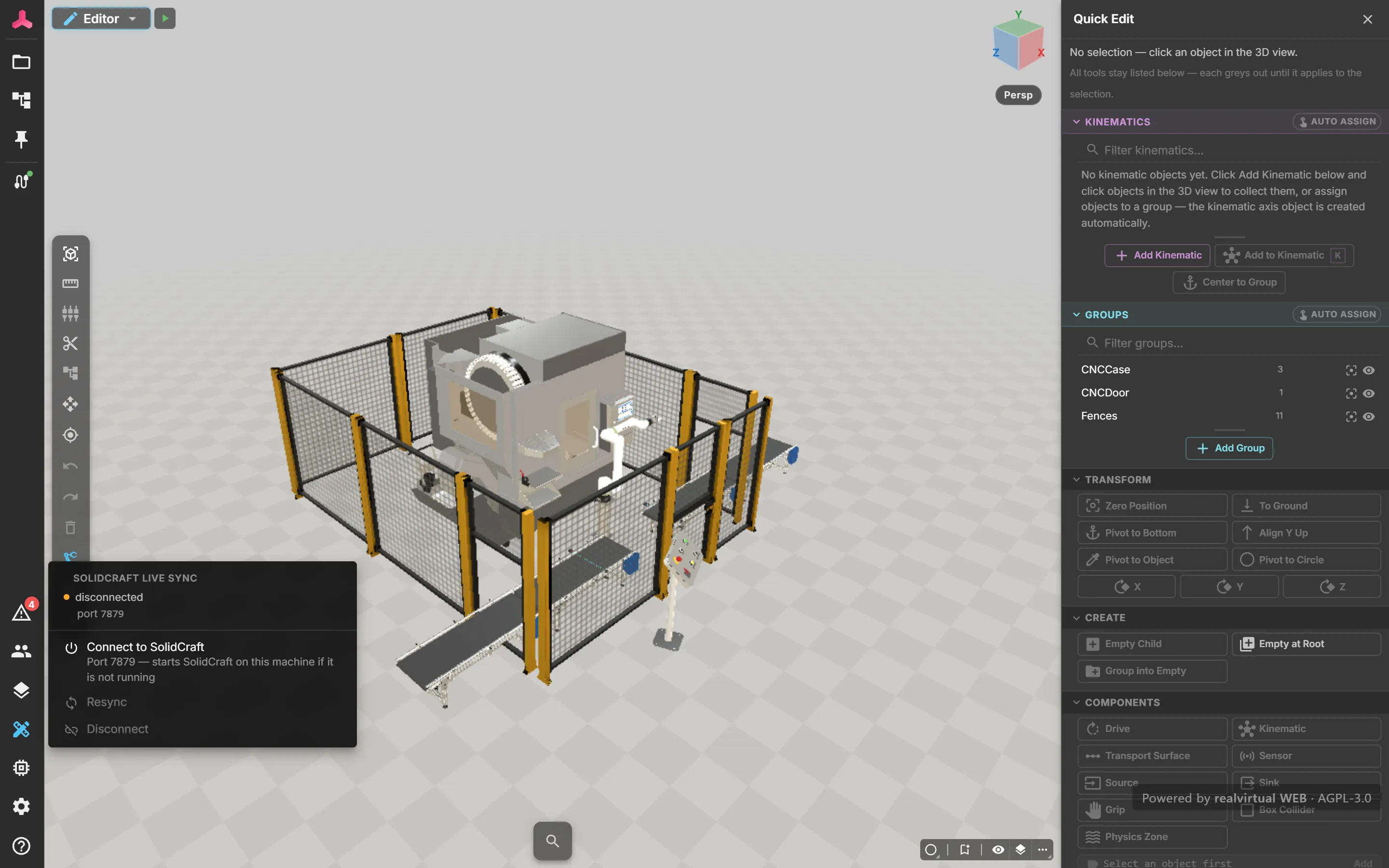 The Editor with the SolidCraft menu opened from the activity bar: status disconnected, port 7879, and the entries Connect to SolidCraft, Resync and Disconnect