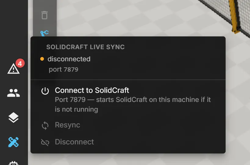 The SolidCraft menu: status line and port on top, Connect to SolidCraft with the hint that it starts SolidCraft on this machine, Resync and Disconnect greyed out until a connection is up
