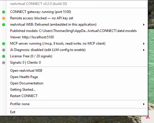 The CONNECT tray menu on a fresh installation: gateway, viewer, MCP server, diagnosis, license and signal counters