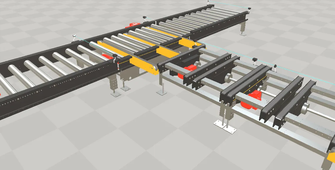 A chain transfer and a chain conveyor from the standard library in the planner demo: the yellow chain strands run between the rollers of the roller conveyor and lift a load across it, and the chain conveyor next to it carries its load on its own strands