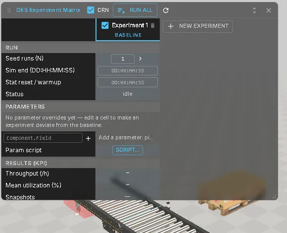 The DES Experiment Matrix window over a turntable loop: the CRN switch and Run All in the title bar, one column per experiment with the baseline selected and New Experiment next to it, and the Run, Parameters and Results (KPI) sections listing seed runs, sim end, warm-up, status, parameter overrides, throughput and mean utilization