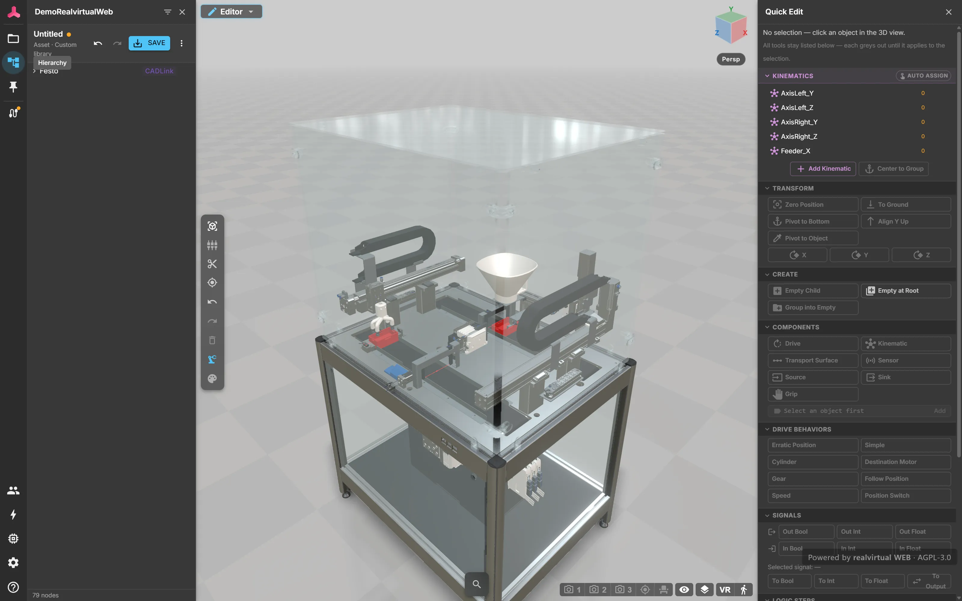 A Festo station open in the editor: asset tree on the left, tools beside the view, Quick Edit on the right