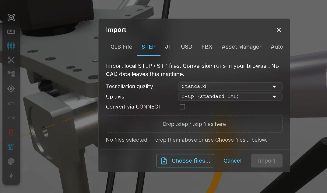 The import dialog on its STEP tab: a strip of source tabs across the top, the note that conversion runs in the browser and no CAD data leaves the machine, the tessellation quality and up axis settings, a Convert via CONNECT option, and a drop area for .step and .stp files
