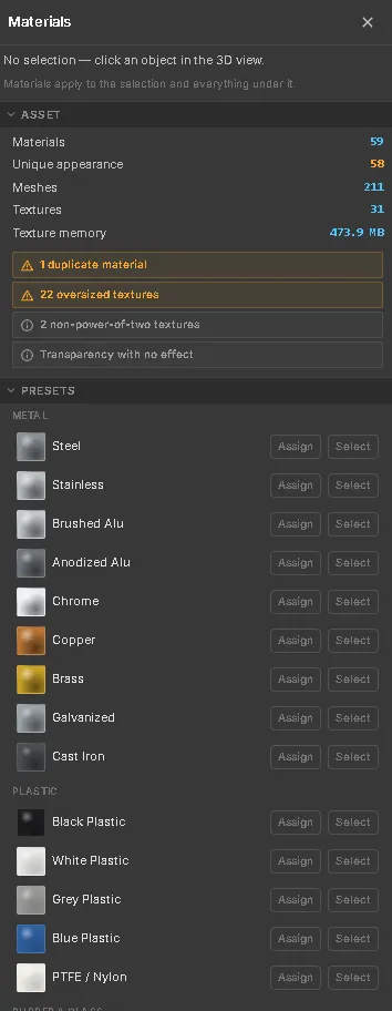 The Materials window docked on the right: the Asset section with materials, unique appearance, meshes, textures and texture memory, two orange warnings for one duplicate material and 22 oversized textures, and the preset library below with the Metal and Plastic categories, each entry offering Assign and Select