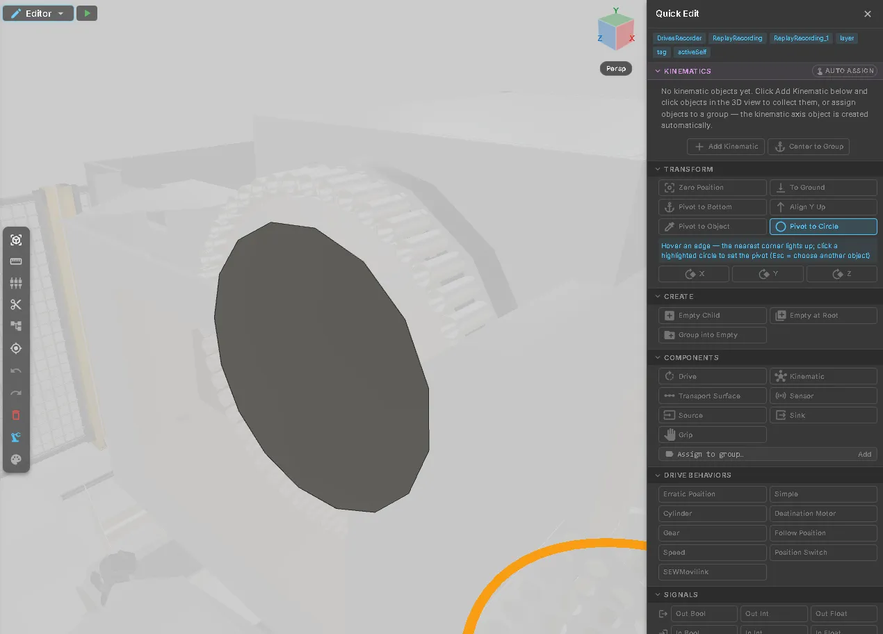 Pivot to Circle at stage two: the picked mesh is framed and the rest of the cell is dimmed away, while Quick Edit keeps the Pivot to Circle button lit and prompts to hover an edge — the nearest corner lights up; click a highlighted circle to set the pivot