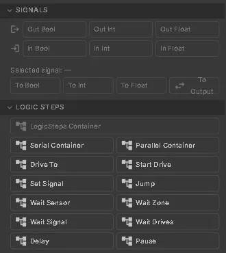 The Signals and Logic Steps sections of Quick Edit with a serial container selected: the step buttons are active, LogicSteps Container is greyed out because the container already exists