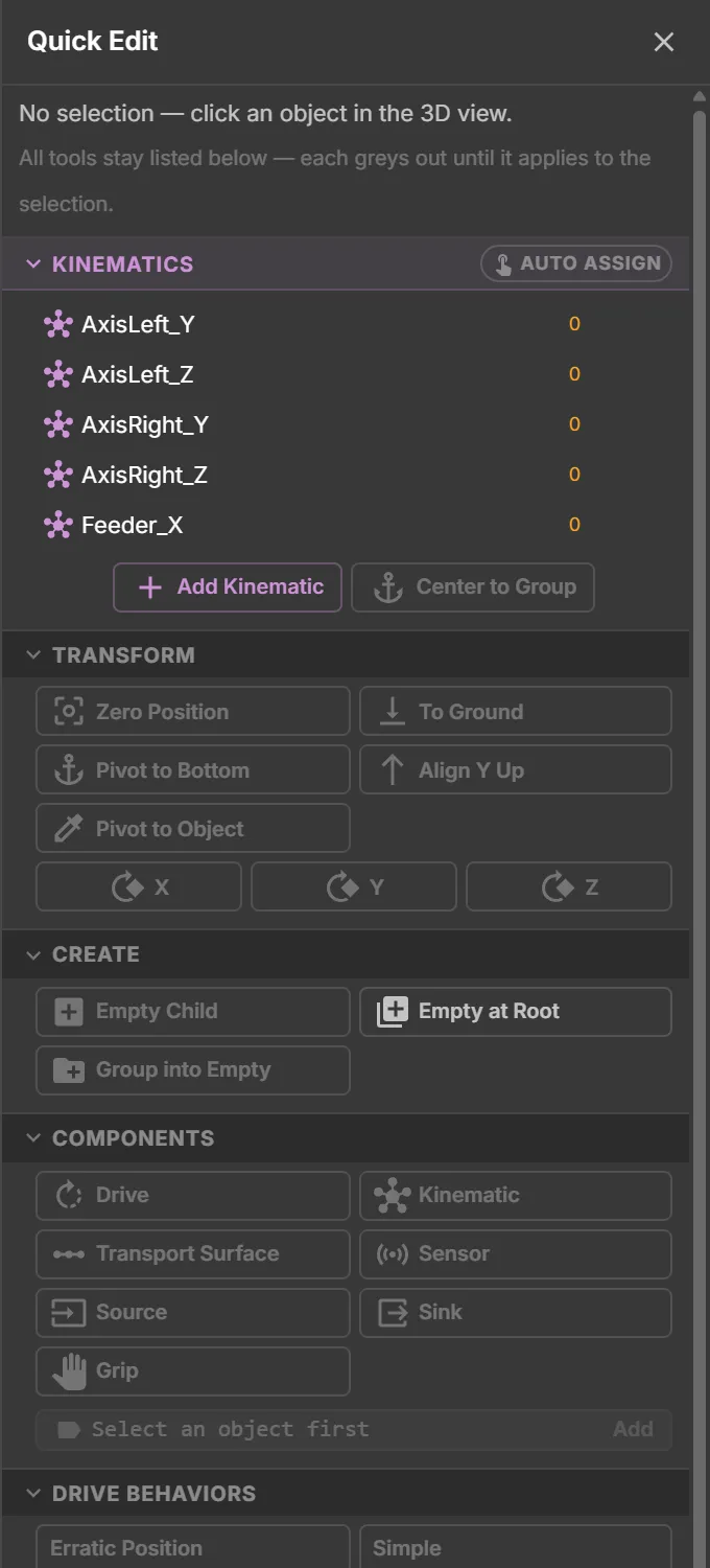 Quick Edit: kinematics, transform, create, components, drive behaviours, signals and logic steps