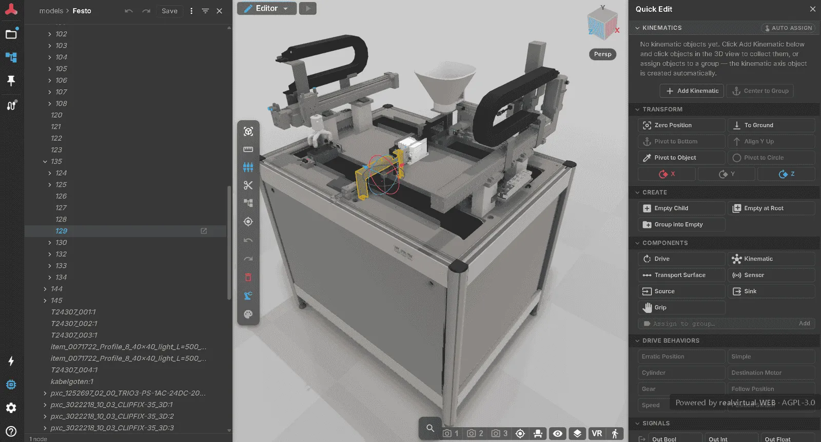 A Festo station open in the editor: the imported CAD tree with its original part names on the left, the tool strip and the transform gizmo in the 3D view, and Quick Edit with kinematics, transform, create, components, drive behaviours and signals on the right