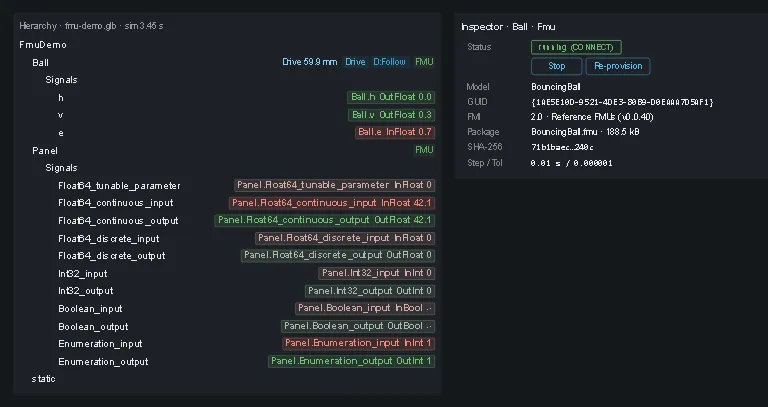 The demo model in the hierarchy: both FMU nodes with their signals and live values, the ball's drive position, and the Inspector of the BouncingBall FMU while it runs in CONNECT