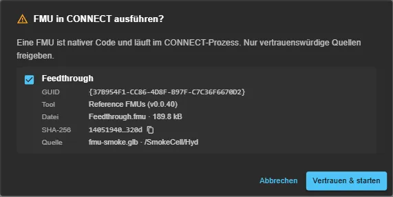 The consent dialog: the FMU with GUID, tool, file, SHA-256 and the model it comes from, and the buttons Abbrechen and Vertrauen & starten