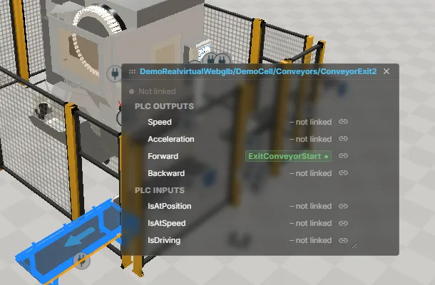 The badge popover of a conveyor drive with signal linking on: the node path in the title bar, the PLC OUTPUTS rows Speed, Acceleration, Forward and Backward and the PLC INPUTS rows IsAtPosition, IsAtSpeed and IsDriving — all of them not linked except Forward, which carries the green chip of the signal ExitConveyorStart