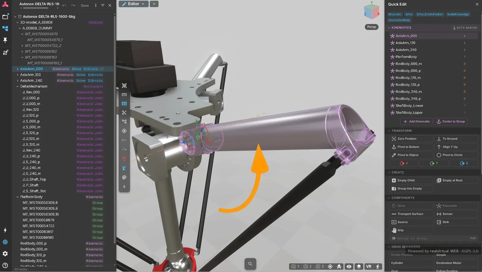 One driven arm of the Delta selected: the parts that move with it are highlighted in magenta, a dashed line marks its rotation axis through the pivot gizmo, and the chips above the panel list what the node carries — Kinematic, Drive, Drive_ErraticPosition, NodeKnowledge and MechanismBody. The curved orange arrow is drawn on top of the screenshot to show the direction of travel; it is not part of the interface