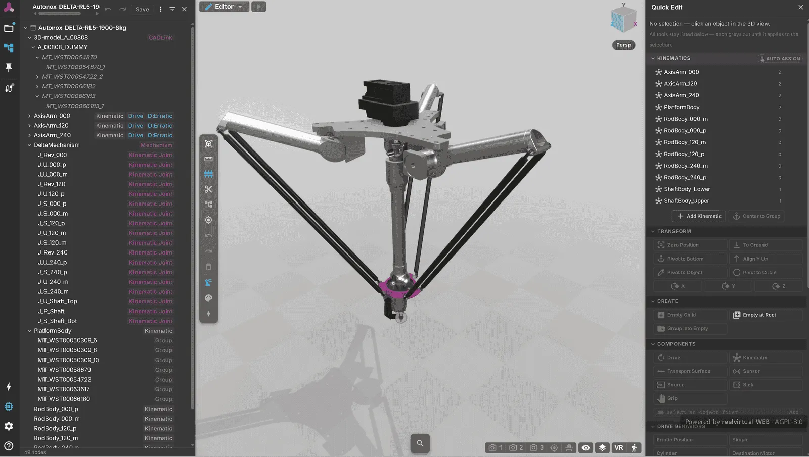 A Delta picker open in the editor: the tree on the left shows the three driven arm axes above a DeltaMechanism node whose whole subtree is Kinematic Joints — revolute, universal and spherical — and the Kinematics list on the right holds the arms, the platform, the rods and the shaft as separate bodies