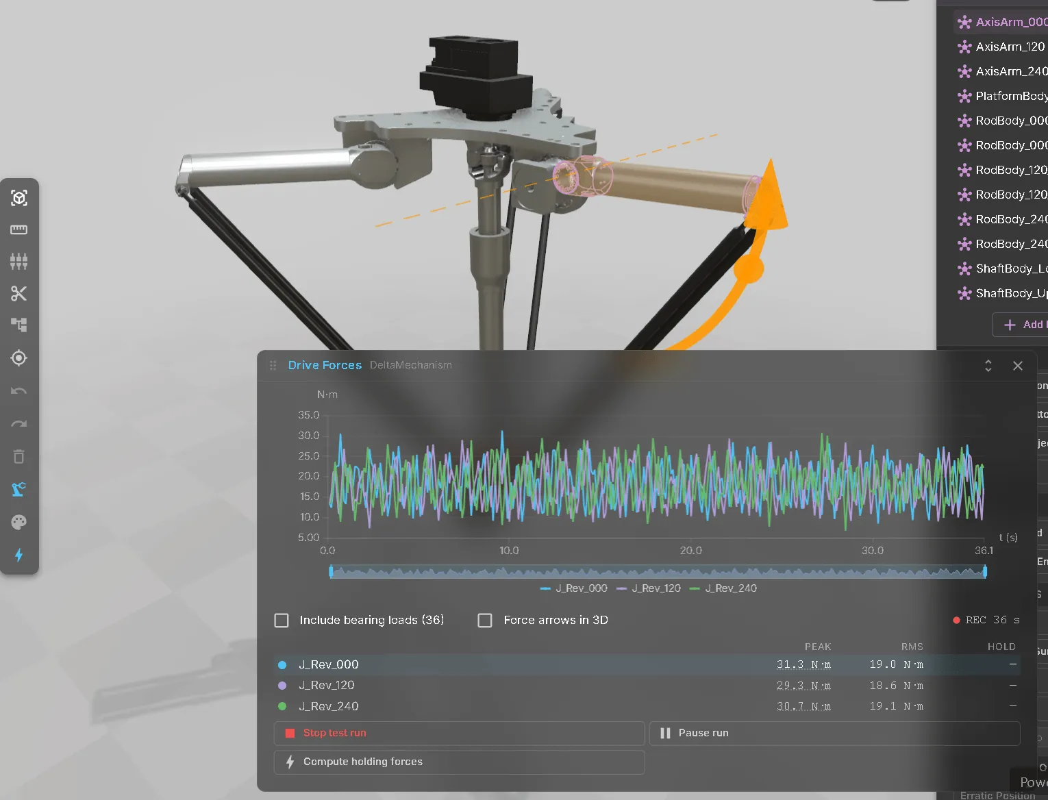 The Drive Forces panel open on the Delta during a recording: actuator torque in N·m over time for the three revolute joints, one colour per joint with a legend and a range slider under the chart, switches for Include bearing loads and Force arrows in 3D, a REC indicator counting the seconds, and a table giving each joint its peak, RMS and hold figures — hold still empty while the run is going. Below it the buttons to stop or pause the run and to compute the holding forces. The curved orange arrow in the 3D view behind the panel is drawn on top of the screenshot, not part of the interface