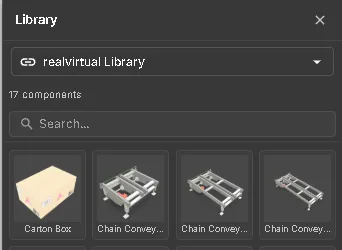 The library window in the Layout Planner: the catalog picker set to realvirtual Library, the component count, a search field and the thumbnail grid of placeable objects below it