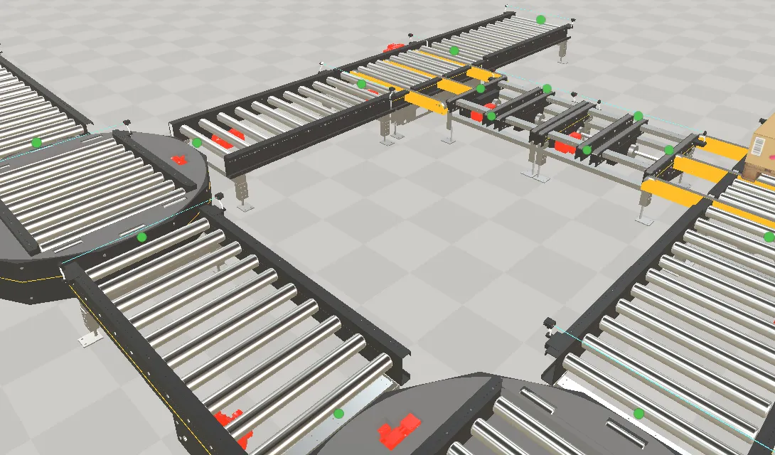 A roller-conveyor layout in the planner with Show All Snaps on: a green marker sits at every free connector — the open ends of the conveyors and the turntables — while the ends that are already joined carry none