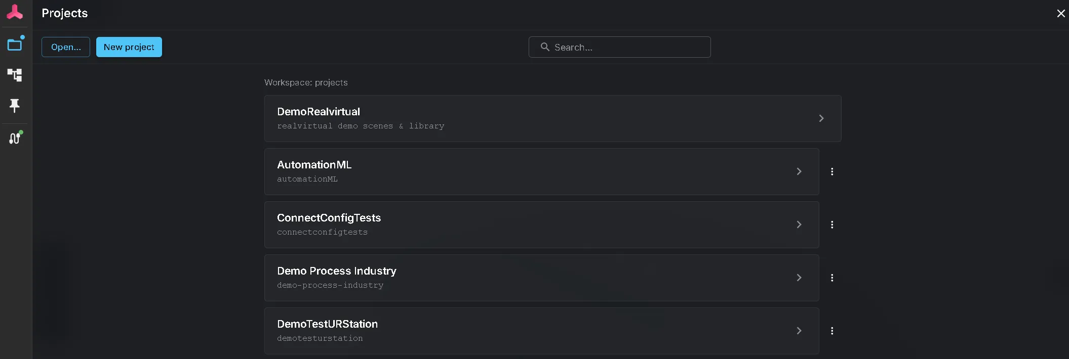 The project list: Open… and New project above the projects of the current workspace, each with its name and folder