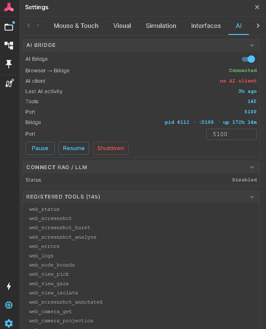 The AI tab with the bridge switched on: the browser connected, the number of registered tools, the port and the bridge process, Pause, Resume and Shutdown below them, and every registered tool listed by name