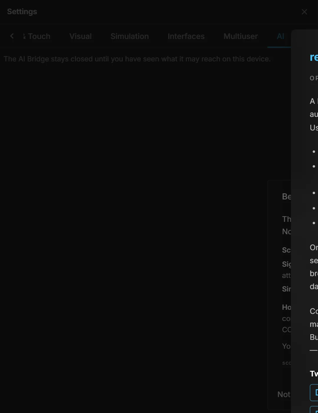 The AI tab: the AI bridge stays closed until its reach has been reviewed