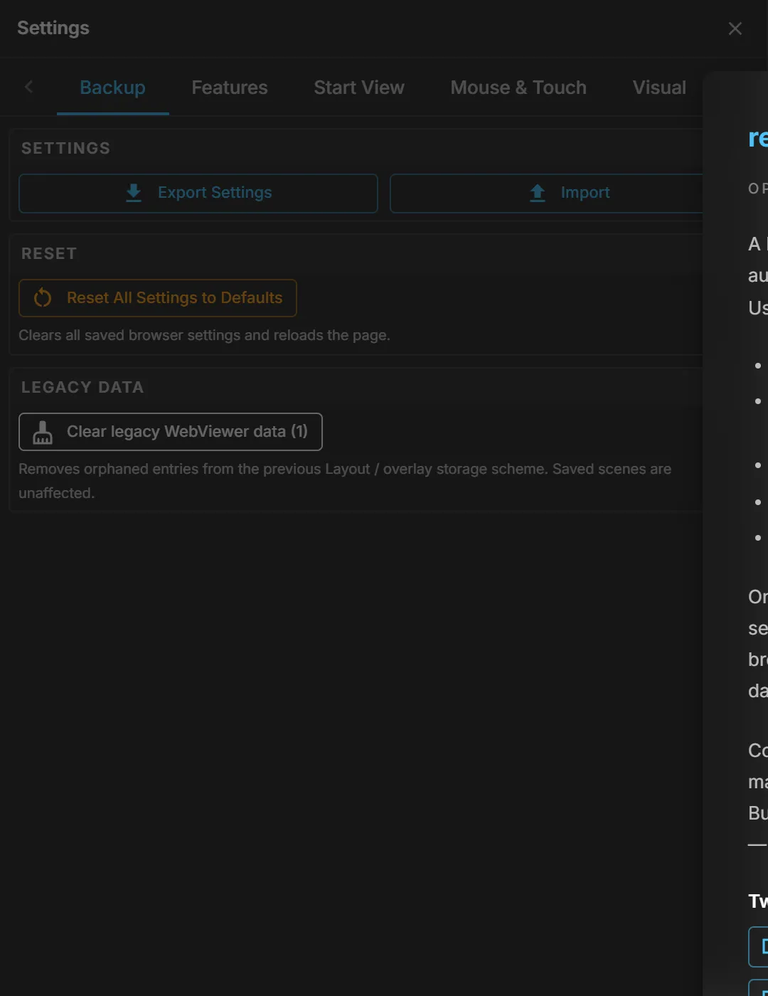 The Backup tab: export, import and reset of all browser-side settings