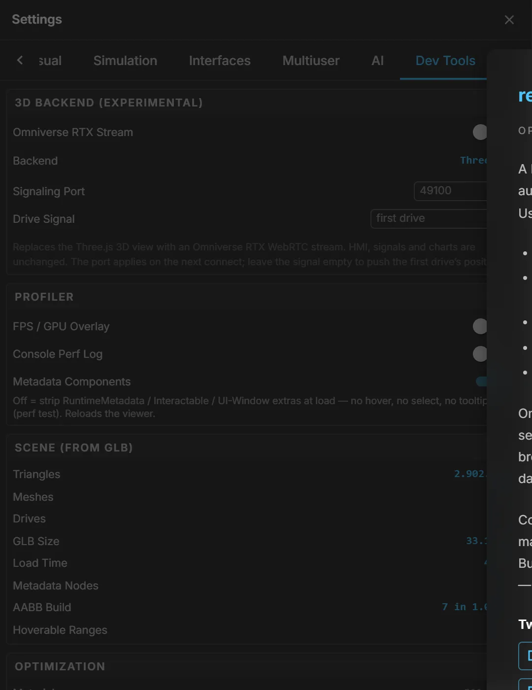 The Dev Tools tab: profiler, scene statistics, optimization results and the performance budget