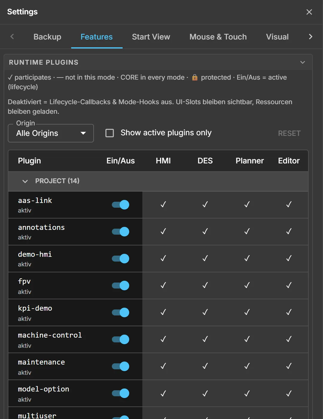 The Features tab: every runtime plugin with its own switch, per workspace mode