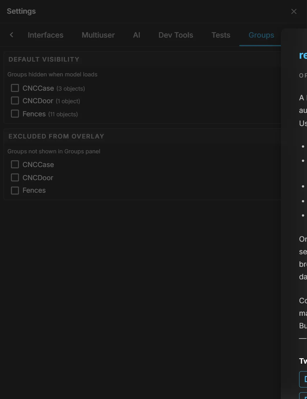 The Groups tab: which visibility groups are hidden at load and which stay out of the overlay
