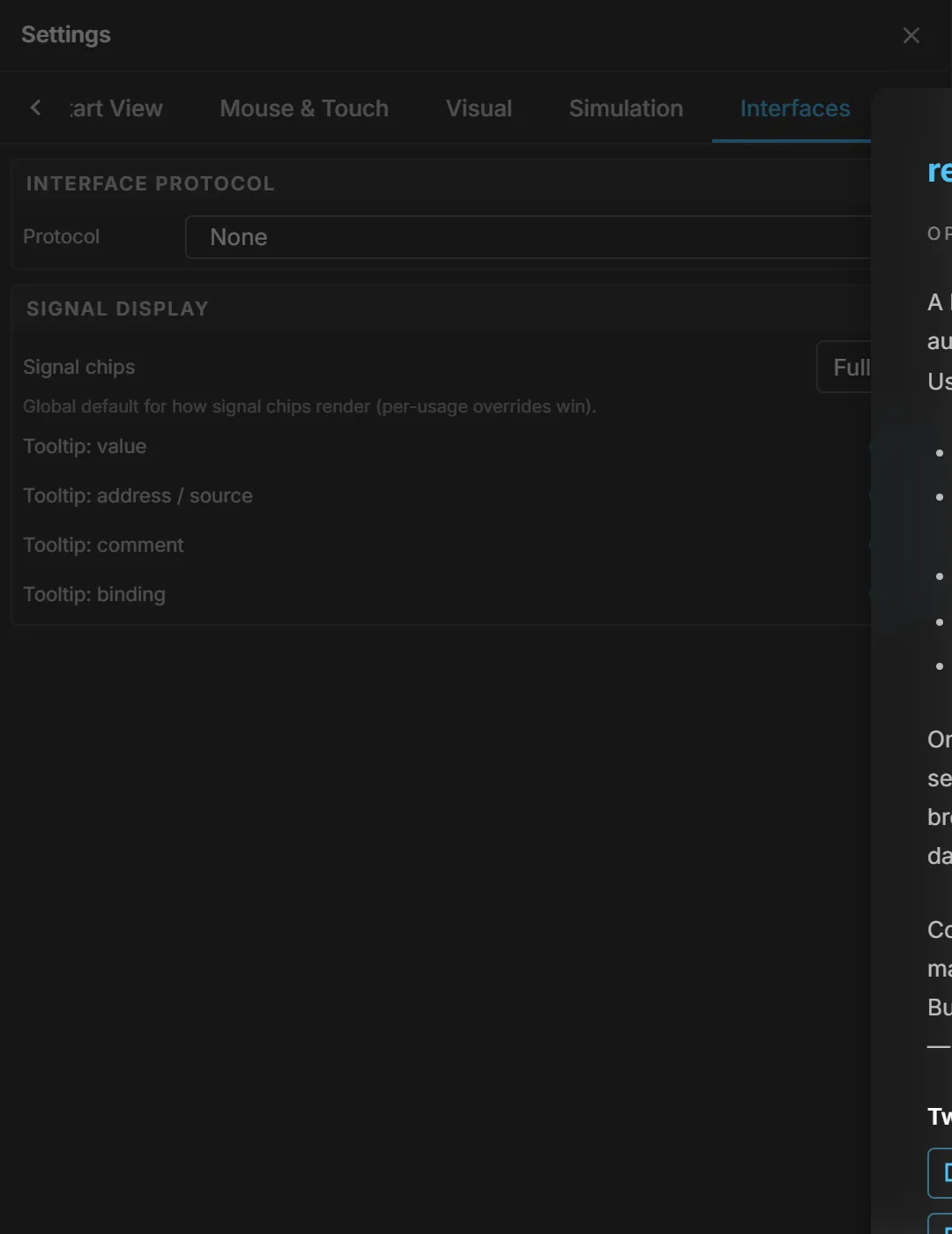 The Interfaces tab: protocol selection and how signal chips are rendered