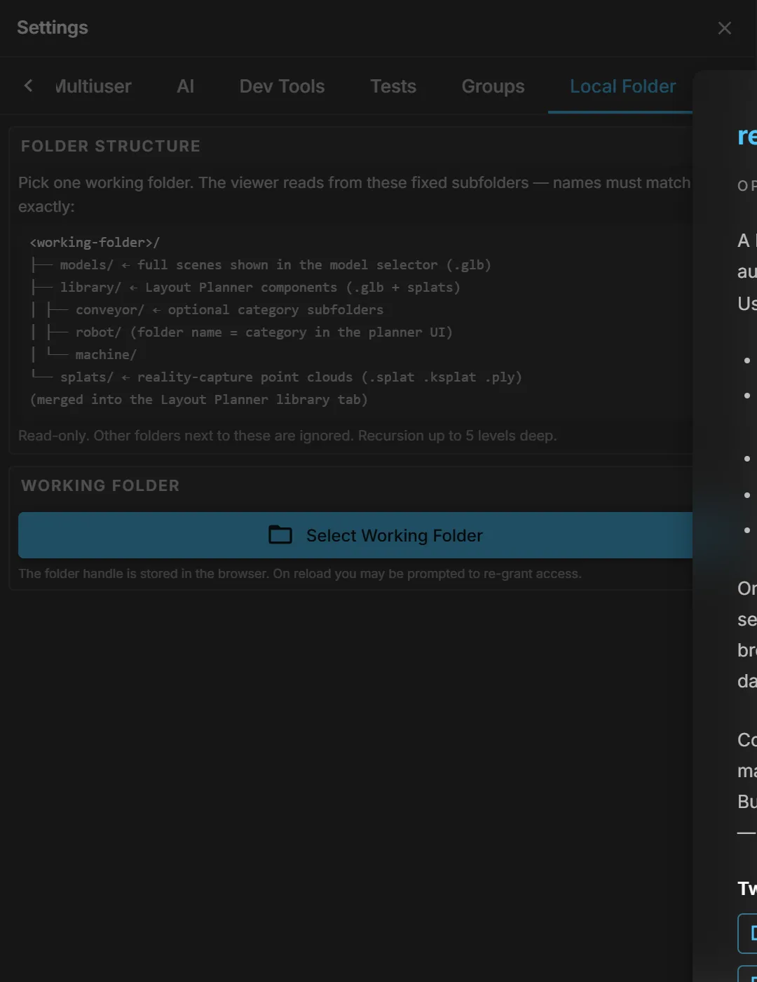 The Local Folder tab: the expected folder structure and the working folder picker