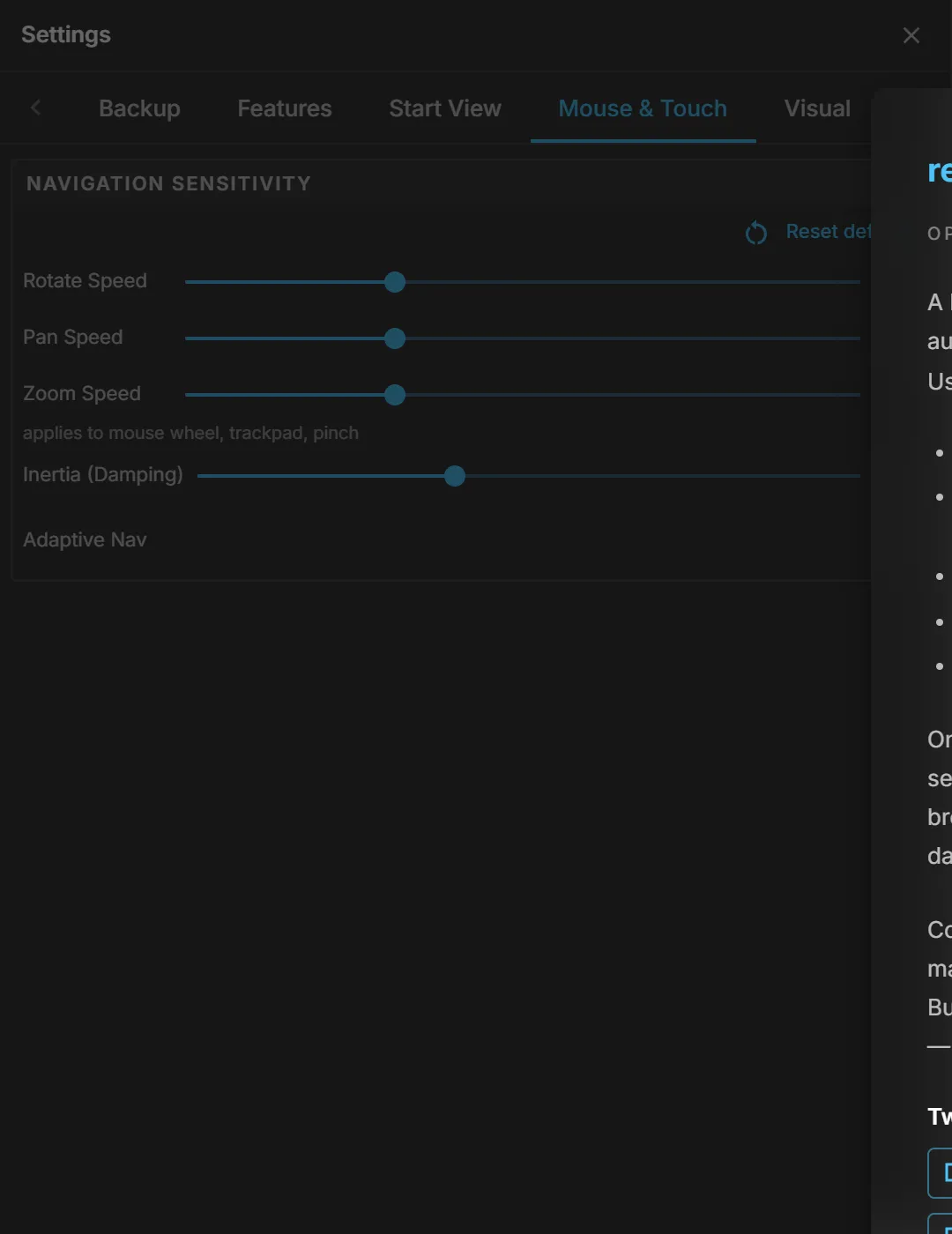 The Mouse & Touch tab: rotate, pan and zoom speed, damping and adaptive navigation