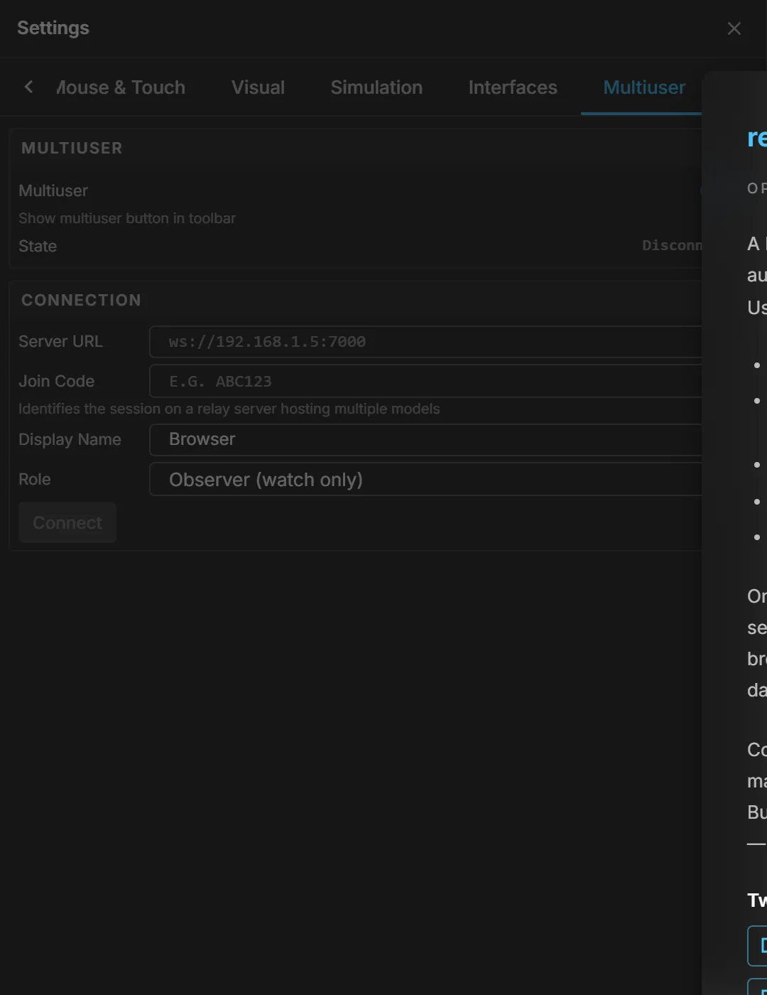 The Multiuser tab: session state, relay server, join code, display name and role