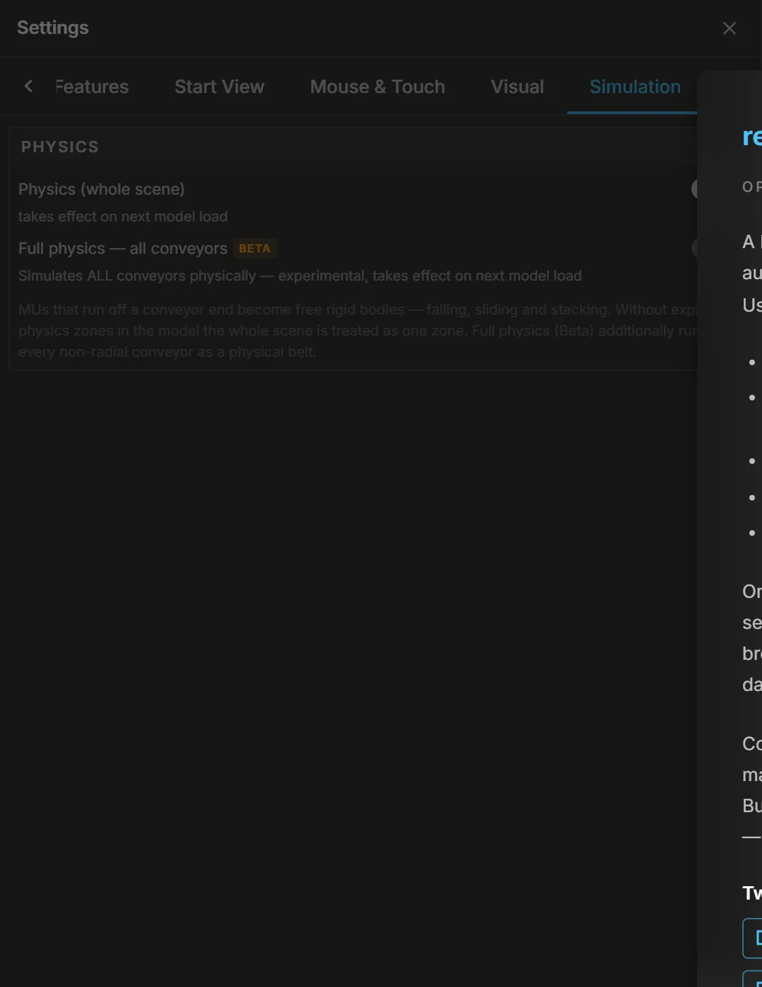 The Simulation tab: physics for the scene and the full-physics beta