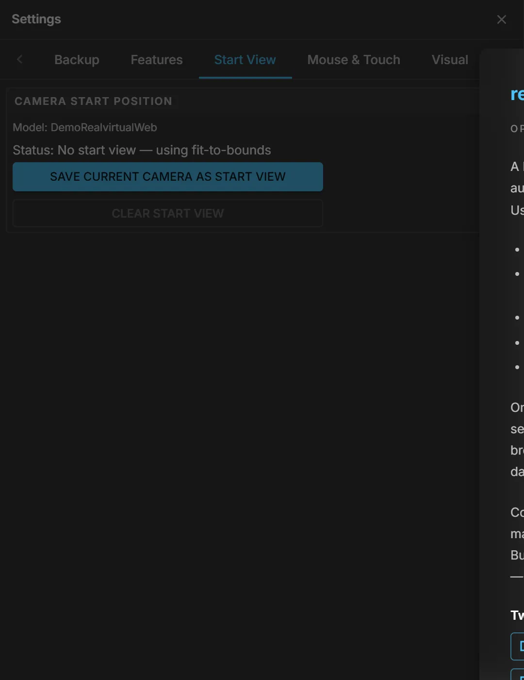 The Start View tab: the stored camera position for this model