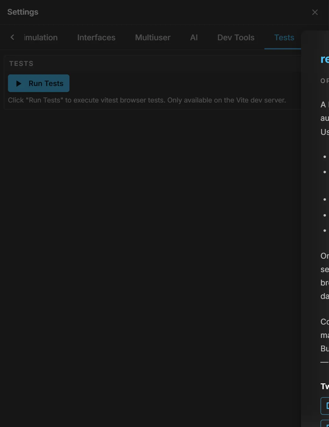 The Tests tab: the in-browser test runner, available on the development server only