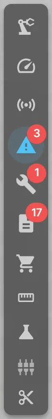 The tool strip beside the panels, with badges counting alarms and due maintenance