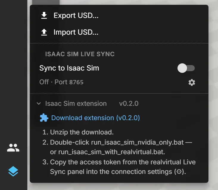 The USD menu opened from the left main menu: Export USD and Import USD at the top, the Isaac Sim live sync section with the Sync to Isaac Sim switch, the status "Off · Port 8765" and a settings gear, and the Isaac Sim extension section with a download link for v0.2.0 and three setup steps