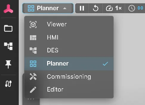 The workspace mode selector opened in the top bar: Viewer, HMI, DES, Planner, Commissioning and Editor, with Planner ticked as the active one